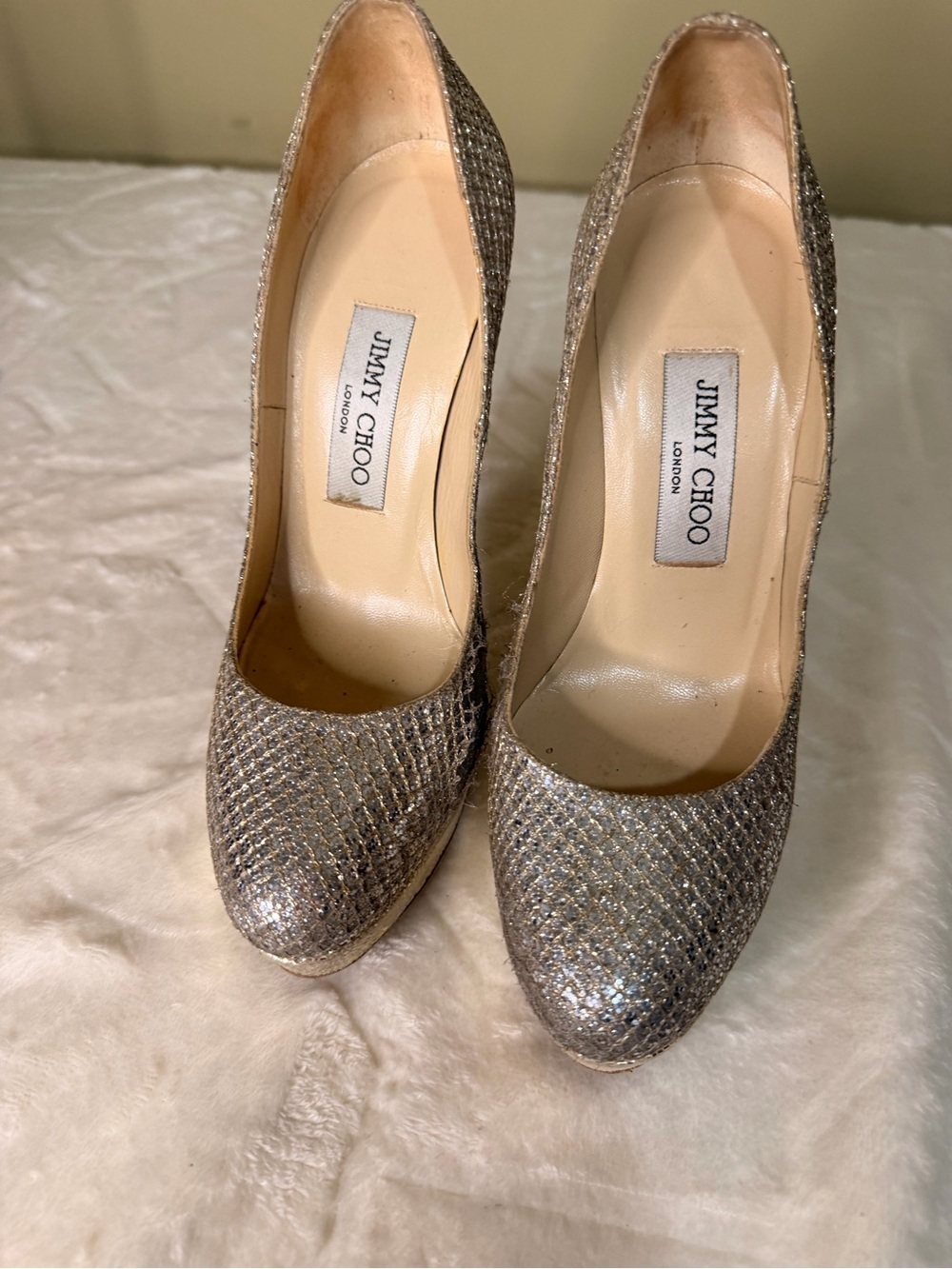 Jimmy Choo Silver Glitter High Heel Pumps